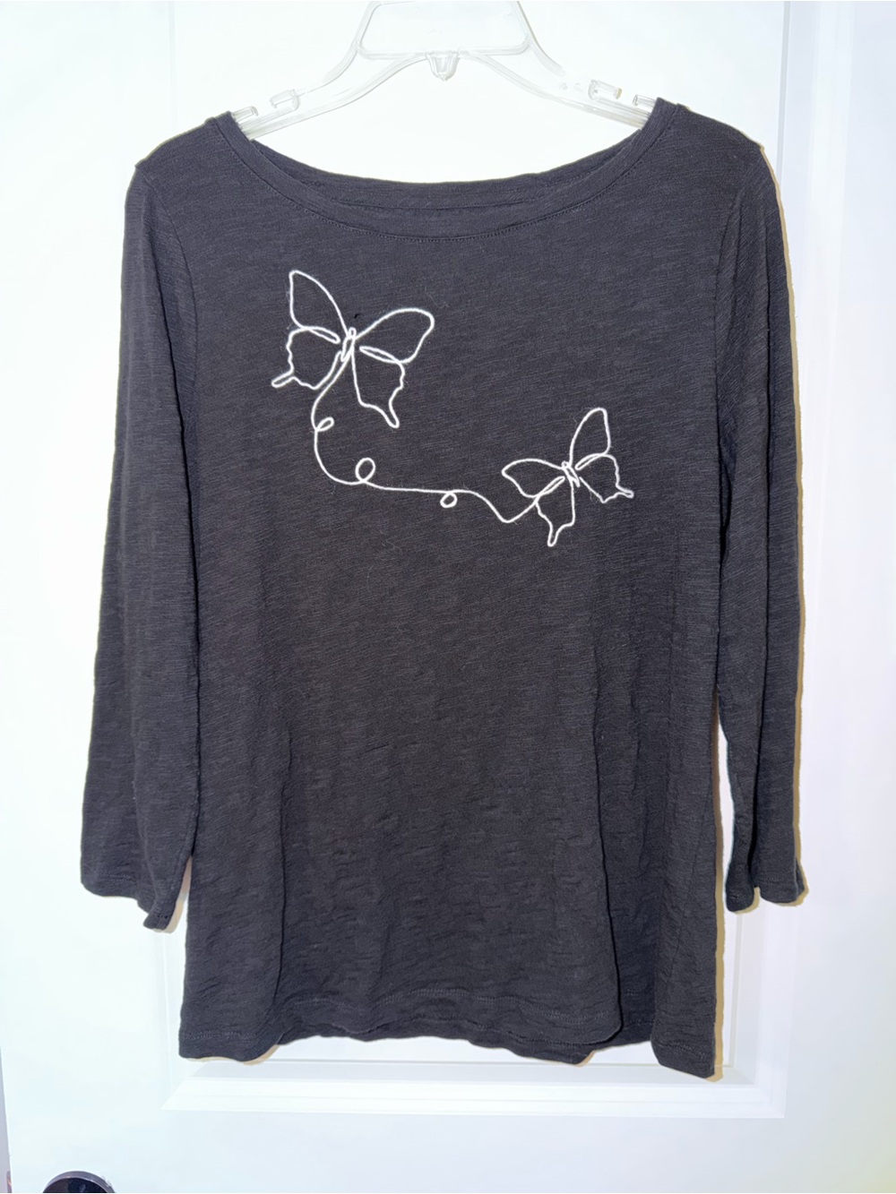 Talbots Black Long-Sleeve Slub Tee with Embroidered White Butterfly Outline